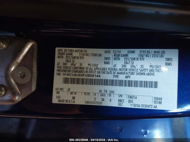 Ford Escape Titanium 2015 1FMCU9J93FUB08144 Image 9