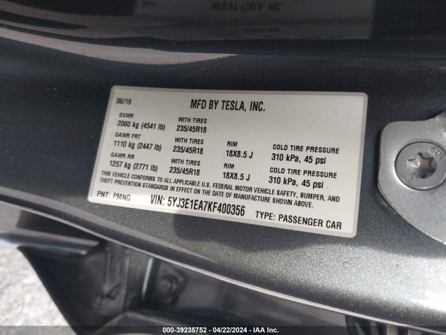 Tesla Model 3 Long Range/mid Range/standard Range/standard Range Plus 2019 5YJ3E1EA7KF400356 Image 9