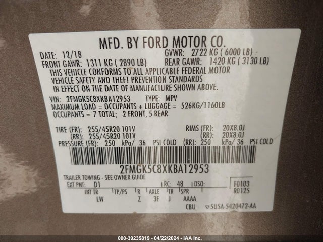 Ford FLEX SEL 2019 2FMGK5C8XKBA12953 Image 9