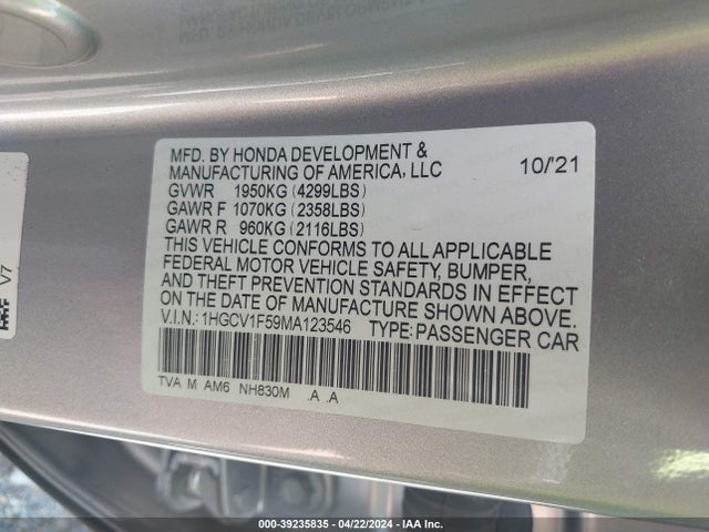 Honda Accord Ex-l 2021 1HGCV1F59MA123546 Image 9