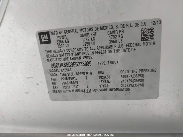 Chevrolet Silverado 1500 1lz 2014 3GCUKSEC9EG338039 Image 9