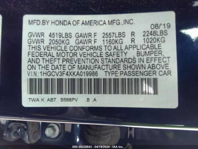 1HGCV3F4XKA019986 Honda Accord Hybrid Ex