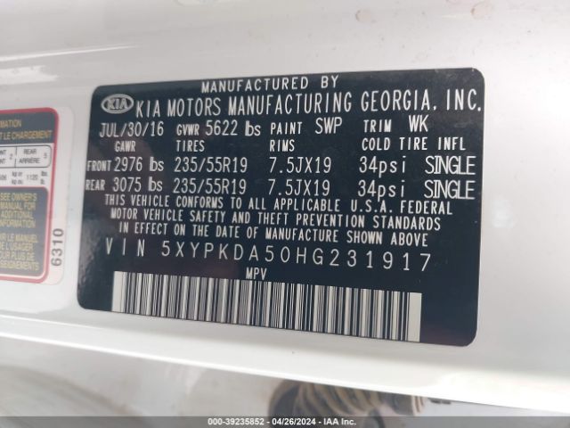 5XYPKDA50HG231917 KIA Sorento 3.3l Sxl
