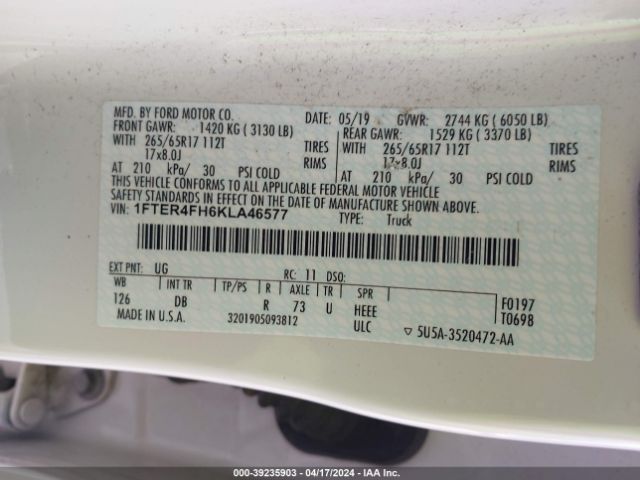 1FTER4FH6KLA46577 Ford Ranger Lariat