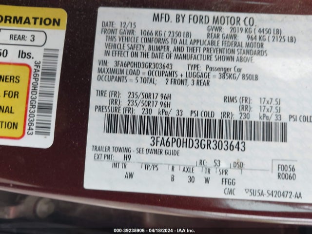 Ford FUSION SE 2016 3FA6P0HD3GR303643 Image 9