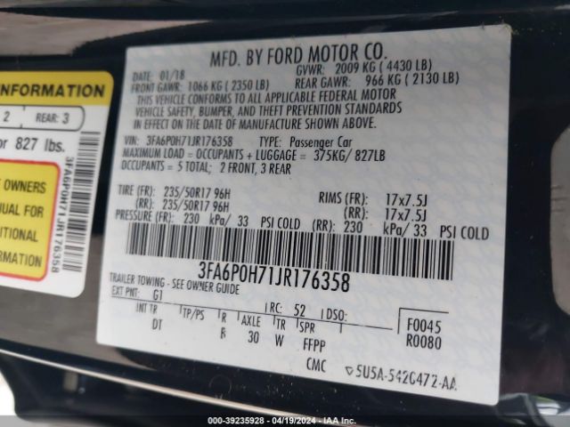 3FA6P0H71JR176358 Ford FUSION SE