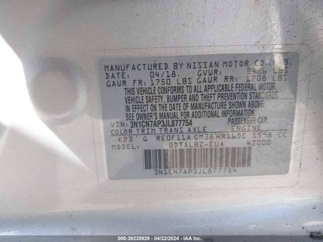 Nissan Versa 1.6 Sv 2018 3N1CN7AP3JL877754 Image 9