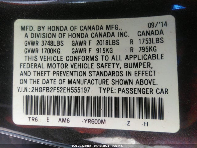 Honda Civic Lx 2014 2HGFB2F52EH555197 Image 9