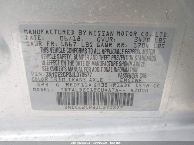 Nissan Versa Note Sv 2018 3N1CE2CP3JL370577 Image 9