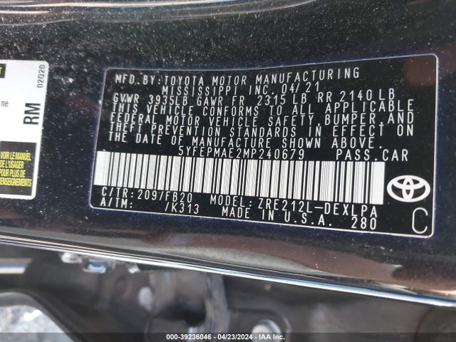 Toyota COROLLA LE 2021 5YFEPMAE2MP240679 Image 9