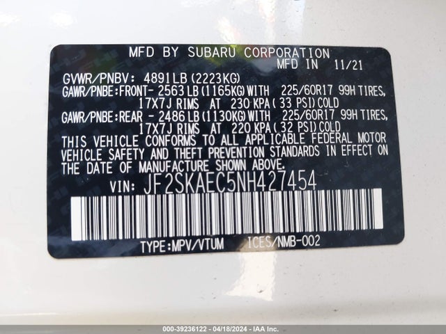 JF2SKAEC5NH427454 Subaru Forester