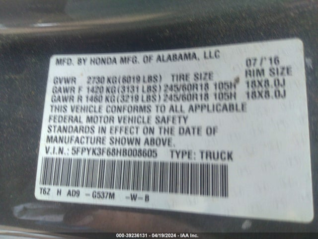 Honda Ridgeline Rtl-t 2017 5FPYK3F68HB008605 Image 9