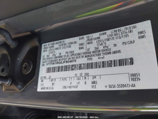 Ford F-150 Raptor 2018 1FTFW1RG6JFB04876 Image 9