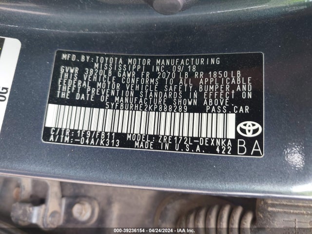 Toyota COROLLA LE 2019 5YFBURHE2KP888289 Image 9