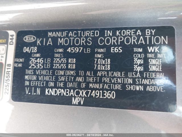KNDPN3ACXK7491360 KIA Sportage Ex