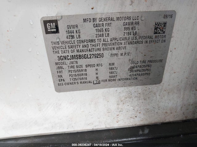 Chevrolet TRAX LTZ 2016 3GNCJMSB6GL279250 Image 9