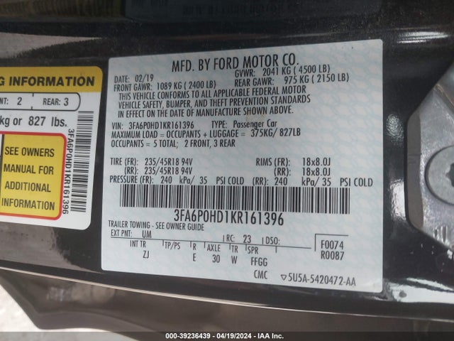 Ford FUSION SE 2019 3FA6P0HD1KR161396 Image 9