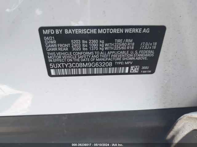 BMW X3 Sdrive30i 2021 5UXTY3C08M9G63208 Image 9