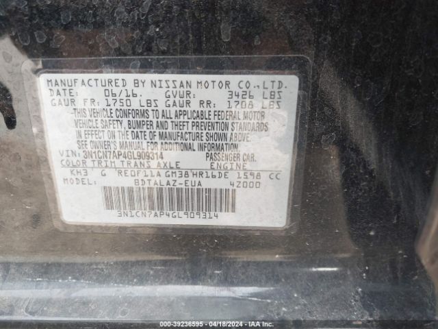 3N1CN7AP4GL909314 Nissan Versa 1.6 S+