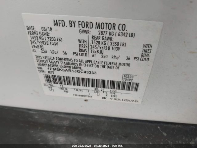 1FM5K8AR1JGC43333 Ford Police Interceptor Utility