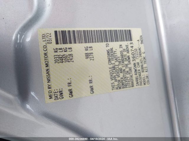 1N4BL4DW5NN360743 Nissan Altima Sv Intelligent Awd