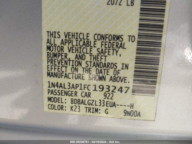 Nissan Altima 2.5 S 2015 1N4AL3AP1FC193247 Image 9