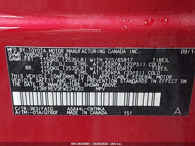 Toyota Rav4 Xle 2015 2T3RFREV3FW234832 Image 9