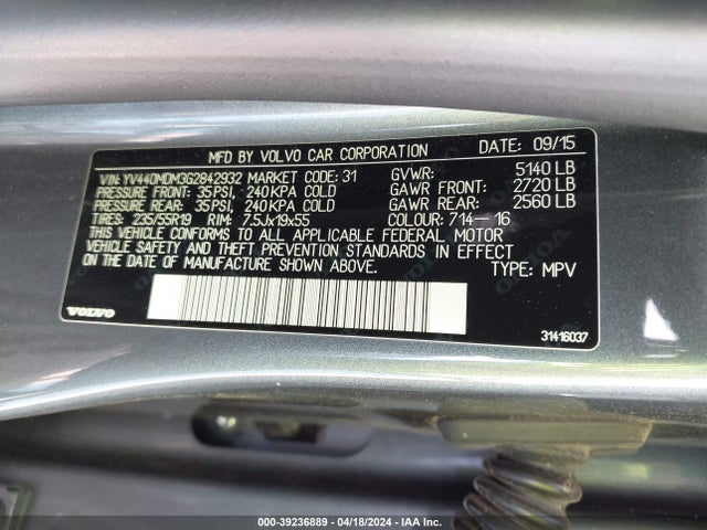 YV440MDM3G2842932 Volvo Xc60 T5 Drive-e Platinum