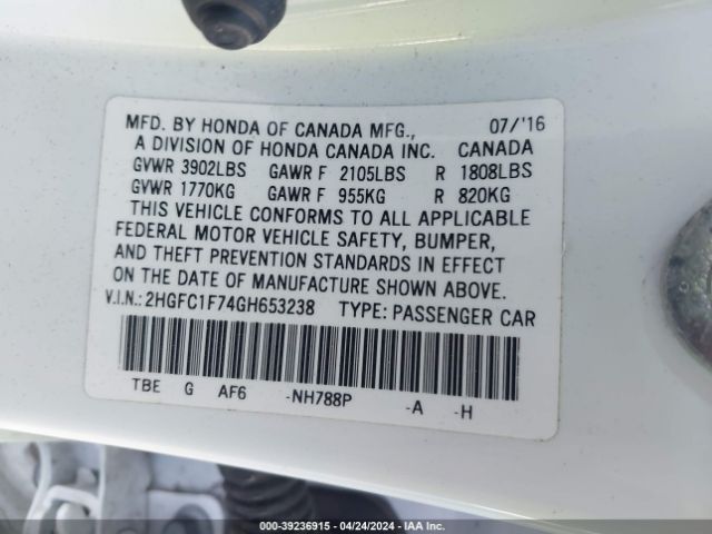 2HGFC1F74GH653238 Honda Civic Ex-l