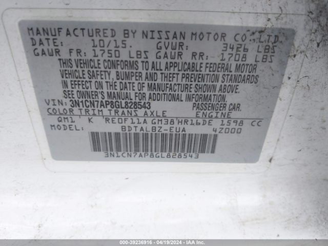 3N1CN7AP8GL828543 Nissan Versa 1.6 S/1.6 S+/1.6 Sl/1.6 Sv