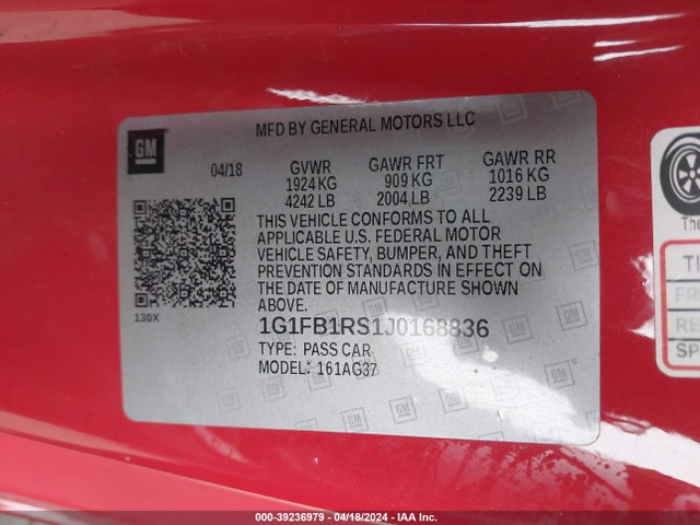 Chevrolet Camaro 1lt 2018 1G1FB1RS1J0168836 Image 9