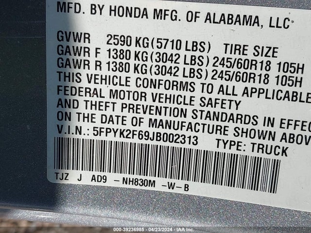 Honda Ridgeline Rtl-t 2018 5FPYK2F69JB002313 Image 9