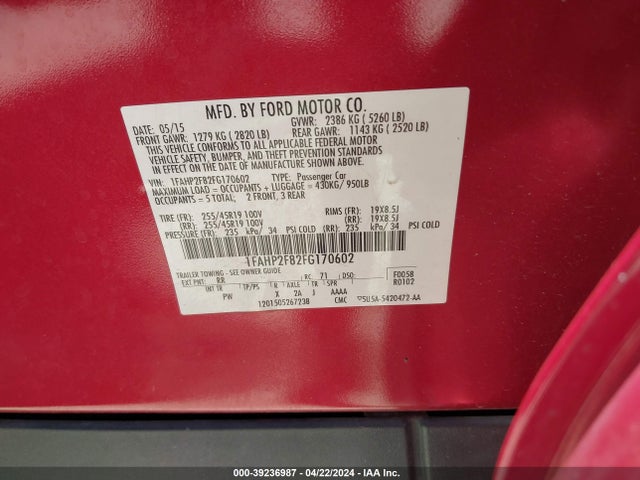 Ford Taurus Limited 2015 1FAHP2F82FG170602 Image 9