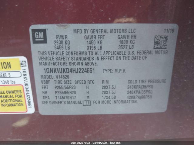 1GNKVJKD4HJ224661 Chevrolet Traverse Premier