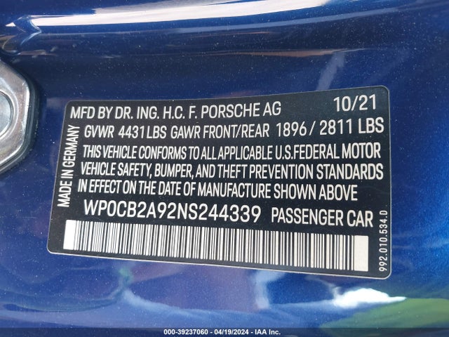 2022 PORSCHE 911 WP0CB2A92NS244339 Photo 8