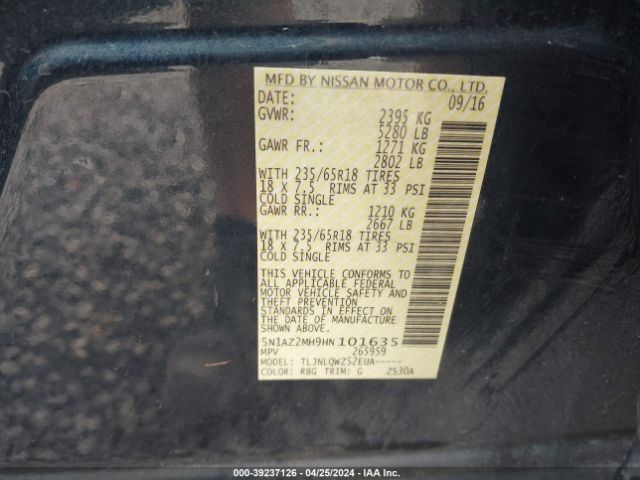 5N1AZ2MH9HN101635 Nissan MURANO SV