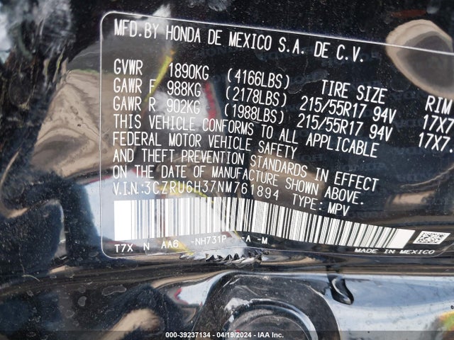 Honda Hr-v Awd Lx 2022 3CZRU6H37NM761894 Image 9