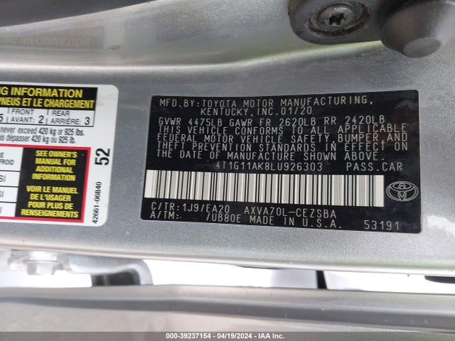 Toyota CAMRY SE 2020 4T1G11AK8LU926303 Image 9