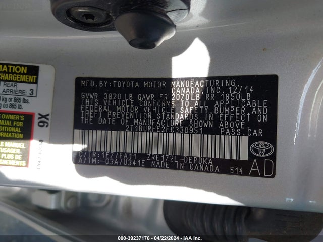 Toyota COROLLA L 2015 2T1BURHE2FC330951 Image 9