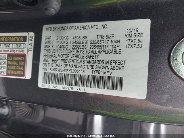 Honda CR-V LX 2019 5J6RW5H36KL005118 Image 9