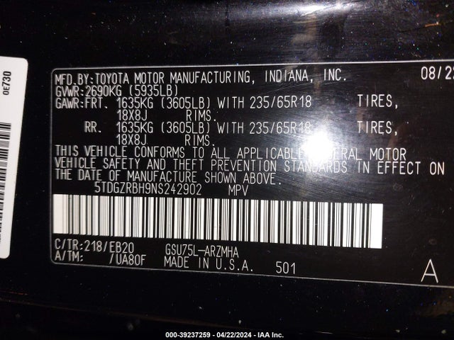 Toyota Highlander Xle 2022 5TDGZRBH9NS242902 Image 9
