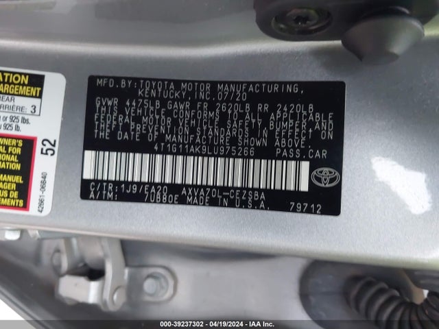 Toyota CAMRY SE 2020 4T1G11AK9LU975266 Image 9