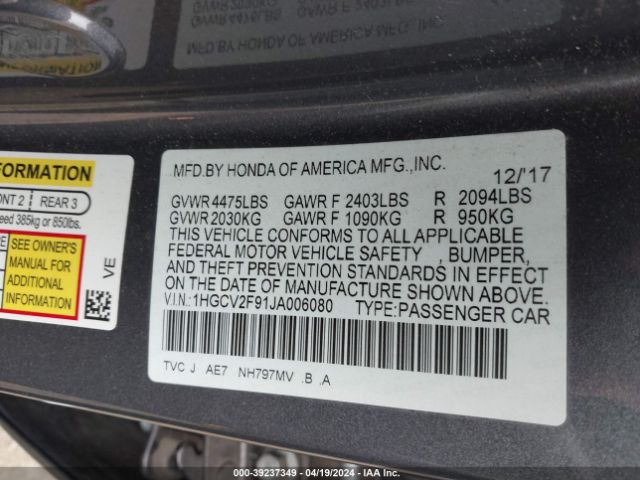 1HGCV2F91JA006080 Honda Accord Touring 2.0t