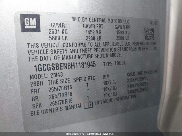 Chevrolet Colorado Wt 2017 1GCGSBEN8H1181945 Image 9