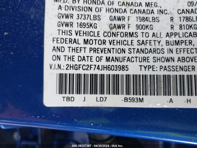 Honda CIVIC EX 2018 2HGFC2F74JH603985 Image 9