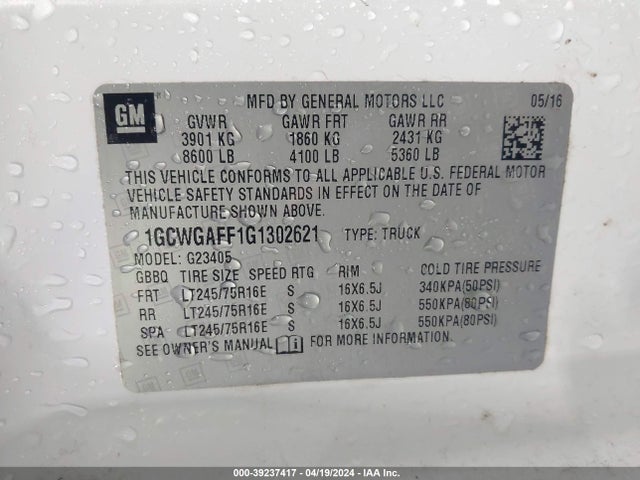 Chevrolet Express 2500 Work Van 2016 1GCWGAFF1G1302621 Image 9