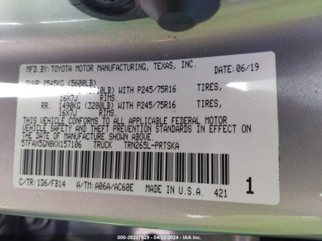 5TFAX5GN8KX157106 Toyota Tacoma Sr