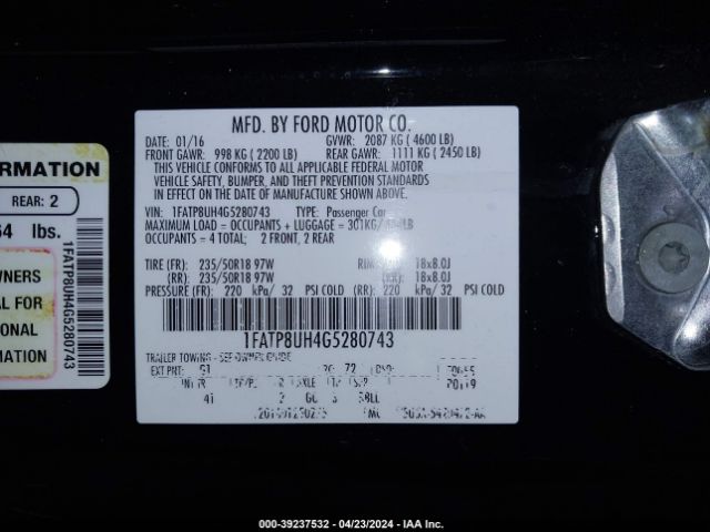 1FATP8UH4G5280743 Ford Mustang Ecoboost Premium