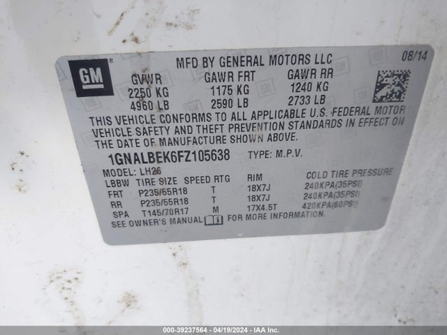 Chevrolet EQUINOX 1LT 2015 1GNALBEK6FZ105638 Image 9