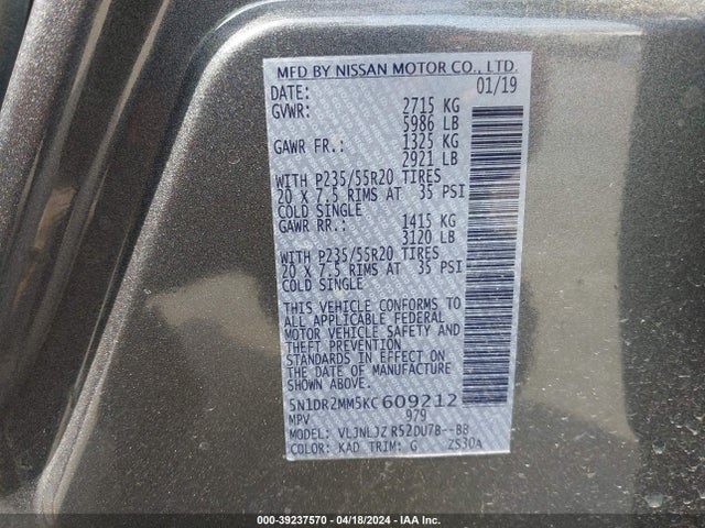 Nissan Pathfinder Platinum 2019 5N1DR2MM5KC609212 Image 9